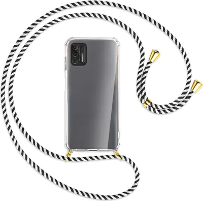 Produktbild von Handykette Backcover-Schutzhülle mit Band (Metall goldfarben) für Motorola Moto G Pro 2021 - schwarz/weiß gestreift