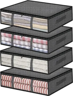 Produktbild von Unyqoos® Unterbett-Box 4er-Set, 40 L (60×45×15 cm) – faltbar, Vlies/PVC mit Deckel & Sichtfenster, Doppelreißverschluss, verstärkte Griffe