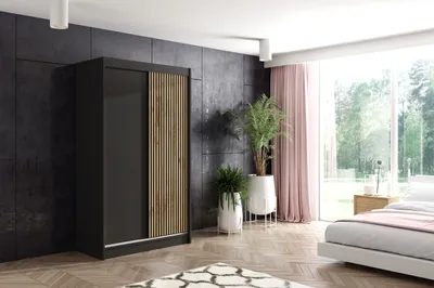 Produktbild von ALTDECOR Kleiderschrank mit Lamel-Schiebetüren, kugelgelagerte Führungsschienen und Aluminium-Leisten - VILO - 120 cm - Schwarz/Lamelle Eiche Wotan