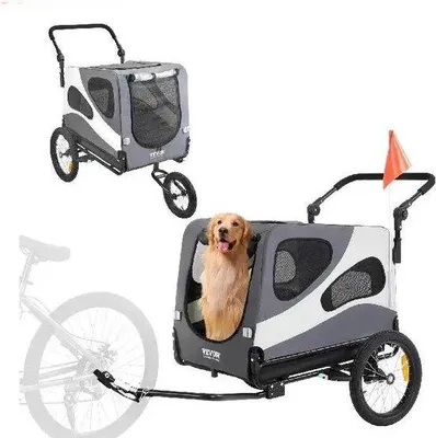 Produktbild von Famanu Hundeanhänger - 2-in-1 Faltbarer Fahrradanhänger für Hunde bis 45 kg - Grau/Weiß mit Flagge und Reflektoren