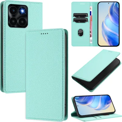 Image de Etui en cuir pour Honor X6A, cuir Litschi, étui portefeuille avec fentes pour cartes et support Turquoise