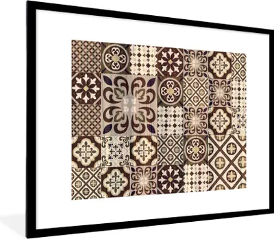Produktbild von MuchoWow® Gerahmtes Poster Retro - Muster - Braun - Abstrakt 80x60 cm - Poster mit Schwarzem Bilderrahmen Wandposter Rahmen Foto Bilder - Schlafzimmer-Dekorationen - Fotoposter