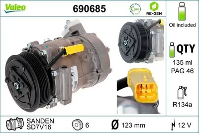 Produktbild von VALEO 690685 SD7V16 Klimaanlage Klimakompressor PAG 46 R134a für CITROËN Berlingo / Berlingo First (MF, GJK, GFK) passend für PEUGEOT 807 MPV