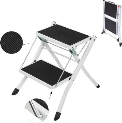 Image de Mini escabeau pliable - Tabouret d'accès à deux marches - Large surface d'appui - Antidérapant - Structure métallique - Pour la maison et le bureau