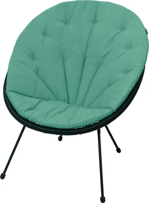 A green cushion on a black chair with black legs, isolated on a white background.