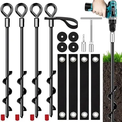 Zdjęcie produktu dla Zestaw 4 sztuk uchwytów do namiotu – 36 cm – ze stali nierdzewnej z wytrzymałymi pętlami – do mocowania namiotu i trampoliny