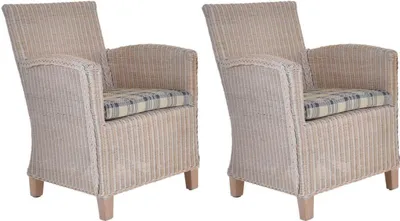 Produktbild von KRINES HOME 2er Set Loungesessel Carlo Rattan Lounge Sessel Wintergarten Wohnzimmersessel Rattansessel (2x Sessel Vintage Weiss)