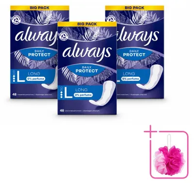 Imagen del producto de 3 unidades de toallas absorbentes diarias "Always Daily Protect Long", sin perfume, en paquete económico