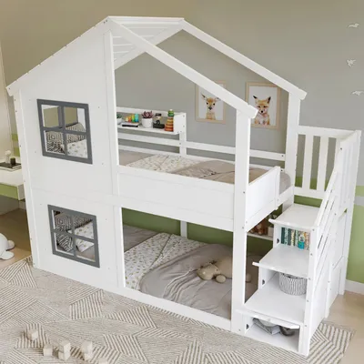 Image de OKWISH Lit Superposé Enfant 90x200 cm - Lit Cabane avec Toit et Fenêtres, Escalier et Armoire de Rangement, Bois Blanc, Sans Matelas