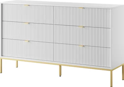 A white dresser with gold legs and gold drawer pulls is shown against a white background.