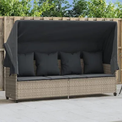 Produktbild von Gartensofa mit Liegefunktion Gartenliege Verstellbar Rattan Sofa 3 Sitzer Balkonsofa Gartenbett Liegesofa Sonnenliege mit Kissen-Hellgrau-mit Vordach