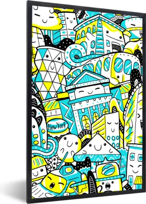 Produktbild von MuchoWow® MuchoWow® Gerahmtes Poster New York - Gelb - Zeichnung 60x90 cm - Poster mit zchwarzem Bilderrahmen - Kunst
