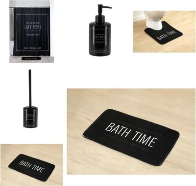 Produktbild von Duschvorhang WC Vorleger Badteppich schwarz Seifenspender Toilettenbürste 5 tlg Set Neo