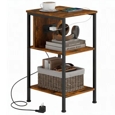 Productafbeelding van HOMCOM bijzettafel met oplaadstation. Smalle salontafel met 2 opbergvakken