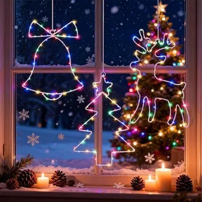 Productafbeelding van Kerstverlichting voor ramen, binnen, 3 stuks, led-lichtgordijn, kerstverlichting, raam, Kerstmis, 8 modi, waterdicht, kerstdecoratie verlichting (kleurrijke lichtkleur)