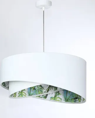 Produktbild von Pendelleuchte Stoff D: 50 cm rund H: max. 102 cm Weiß Grün (Tropical Print) E27 Modern Hängelampe