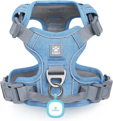 Image de Harnais de traction pour chiens de taille moyenne - Anti-traction, réfléchissant, réglable, respirant, avec porte-médaillon (taille M, bleu)