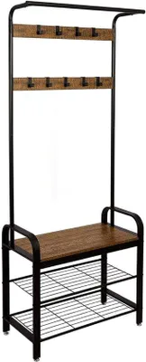 Produktbild von Unyqoos® Garderobenständer mit Schuhbank – 9 Haken & 2 Metall-Schuhroste, Holz-Sitzfläche, 4 verstellbare Füße, Anti-Kipp, Industrial Braun/Schwarz