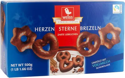 Produktbild von Weiss Herzen Sterne Brezeln Lebkuchen mit Vollmilchschokolade 500g