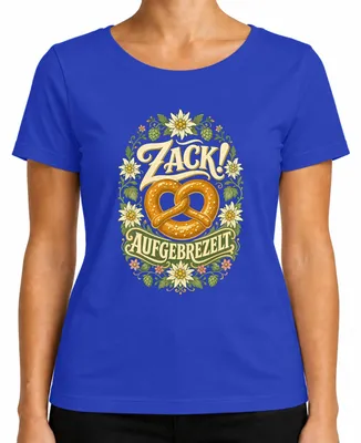 Produktbild von Zack! Aufgebrezelt Brezel Edelweiß Tracht Trachtenshirt Lederhose Damen T-Shirt, Blau, M