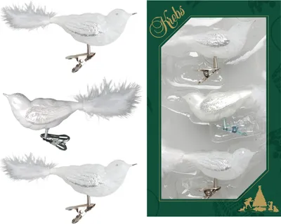 Three white glass birds with feather tails and clips, presented in packaging.