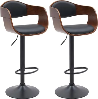 Produktbild von 2-teiliges Barhocker-Set - Höhe der Holzschale - 360° drehbar und verstellbar | Farbe: Walnuss/Schwarz | Material: Kunstleder