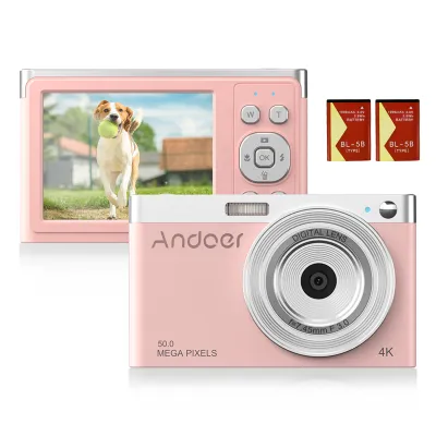 Obrázek produktu pro Kompaktní digitální fotoaparát Andoer 4K, videokamera, 50 MP, 2,88", IPS displej, automatické ostření, 16x zoom, detekce obličeje proti otřesům, zachycení úsměvu, integrovaný blesk se 2 bateriemi, pouzdro, řemínek na zápěstí pro děti a dospívající