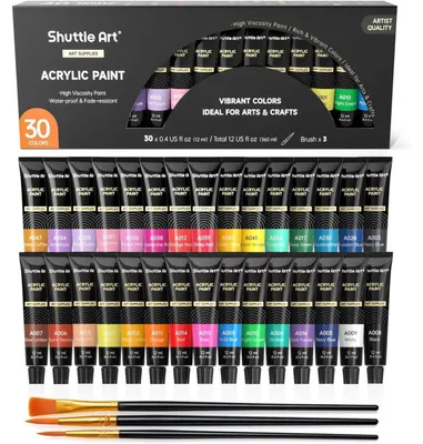 Obrázok produktu pre Sada akrylových farieb, 30 farieb, vodeodolných (po 12 ml), s 3 štetcami, vhodné na drevo, plátno a kameň