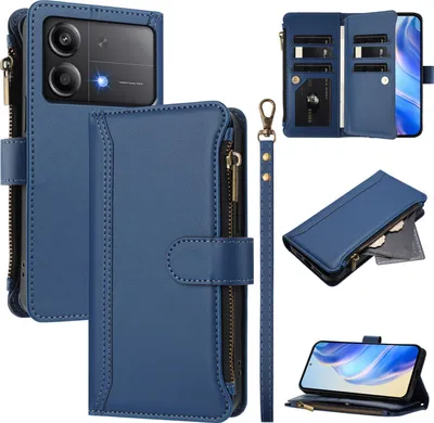 Image de Etui pour Xiaomi Poco X6 Neo, zippé, étui portefeuille en cuirPolyuréthaneavec pochettes pour cartes, support et dragonne bleu