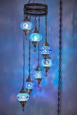 Obrázok produktu pre Turecká závesná lampa – mozaiková lampa – marocká lampa – autentická – ručne vyrobená – 7 modrých sklenených gúľ