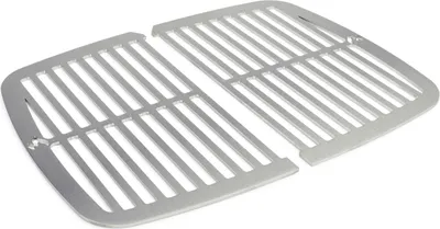 A pair of stainless steel grill grates on a white background.