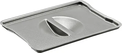 A close-up, studio shot of a gray rectangular lid with a raised, curved indentation in the center, on a white background.