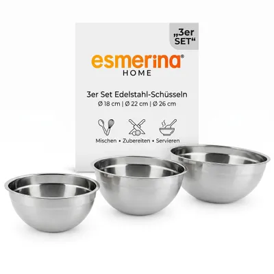 Produktbild von 3er Set Edelstahl-Schüsseln Ø 18/22/26 cm - Rührschüssel Set Spülmaschinenfest, Küchenschüsseln Stapelbar zum Backen, Kochen, Salatschüssel, KI-generiertes Bild