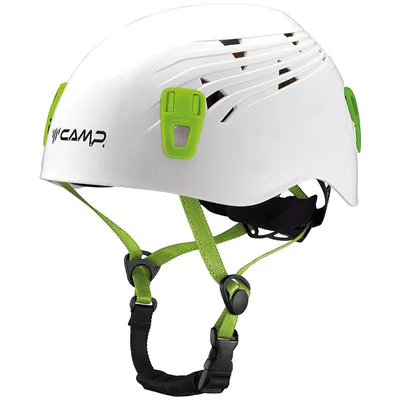 A white climbing helmet with green accents and straps, shown against a white background.
