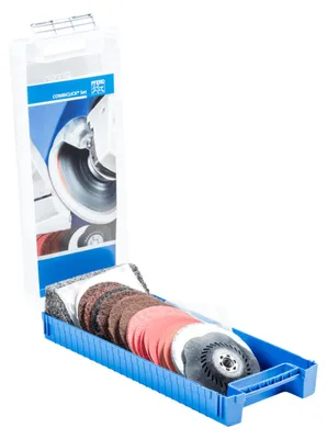 Produktbild von PFERD COMBICLICK Set 19-tlg. Ø 115 mm M14 Bearbeitungen grob bis poliert mit Winkelschleifer, Zubehörset, Aluminium, Gussstahl, Edelstahl, Stahl, Mehrfarbig, 11,5 cm, 1,2 kg, 160 mm