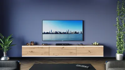 TV Lowboard Eiche Artisan, Weiße Zierleiste
