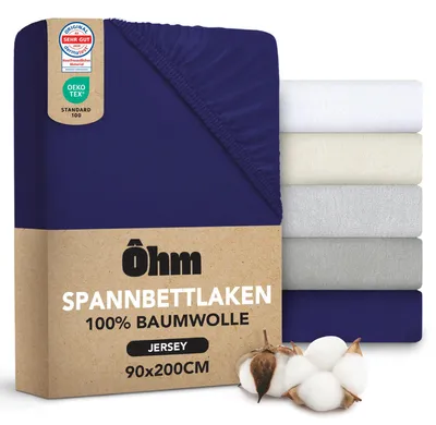 Produktbild von Ôhm Spannbettlaken 90x200 Blau – Jersey Spannbetttuch 100% Baumwolle Elastisch – Weich & Atmungsaktiv – Steghöhe 28 cm für Hohe Matratzen –