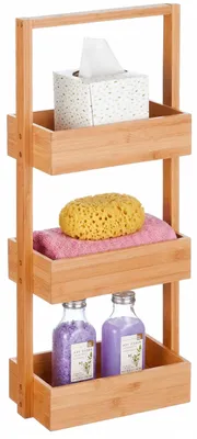 Zdjęcie produktu dla Półka łazienkowa Relaxdays, z 3 półkami, wys. x szer. x gł.: 70 x 26 x 17 cm, półka stojąca do łazienki i kuchni, bambus i MDF, kolor naturalny