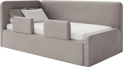 Produktbild von Selsey Fanko – Kinderbett 90x200 cm mit Rausfallschutz, Matratze, Kopfteil links, Samt, Graubeige