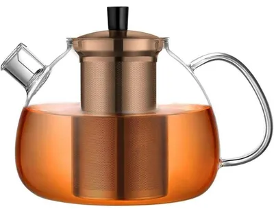 Productafbeelding van Theekann 1500 ml, gemaakt van borosilicaatglas met een roestvrijstalen zeef, bronskleurig. Hittebestendig, geschikt voor losse thee