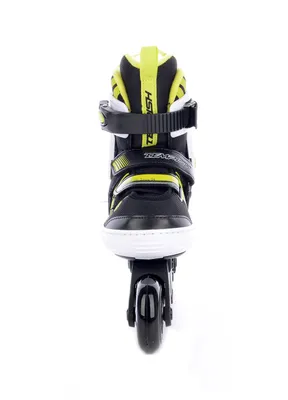 A front view of a single inline skate against a white background.