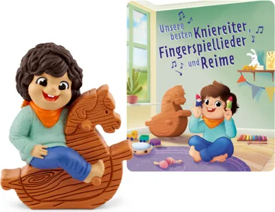 A product shot of a toy figure on a rocking horse next to a book cover with illustrations of children and toys.