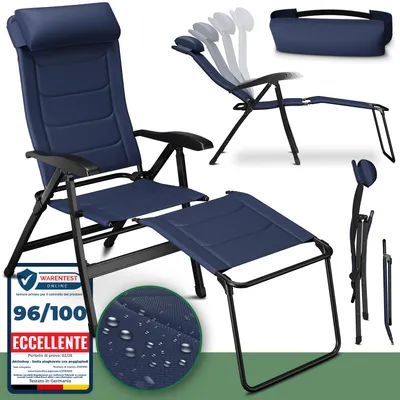 Immagine prodotto di Sedia da campeggio ELONEO pieghevole con poggiapiedi rimovibile, sedia pieghevole imbottita in alluminio, sedia da giardino pieghevole, sedia a sdraio con schienale regolabile, sedia da campeggio imbottita blu