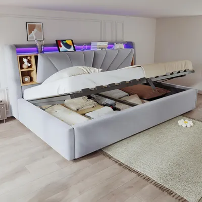 Obrázek produktu pro Postel s čalouněnou konstrukcí 90x200 cm s opěradlem, dětská postel s USB portem a LED osvětlením, rozkládací pohovka s úložnými prostory, potah z veluru, světle šedá barva