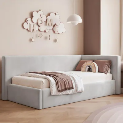 Produktbild von Eckbett Jugendbett Sampre 120x200 cm Hellgrau Rechts Velvet – Bettkasten, Metalllattenrost