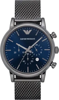 A close-up, front-facing studio shot of an Emporio Armani watch with a blue dial and a mesh metal strap.