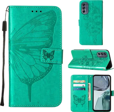 Produktbild von Moto G62 5G Hülle, Schmetterling Prägung Flip Leder Kartenfächer Schutzhülle Ledertasche mit Ständer für Motorola Moto G62 5G Grün