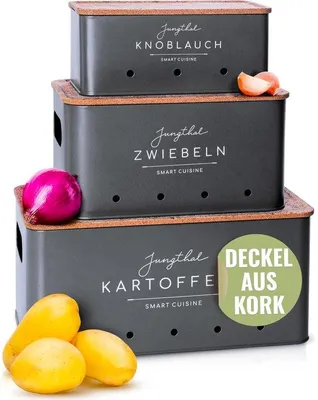 Produktbild von Kartoffelkisten-Set | Set von 3 | Für Kartoffeln, Zwiebeln und Knoblauch | Zwiebelpot, Kartoffelkiste, Kartoffelkorb | Grau