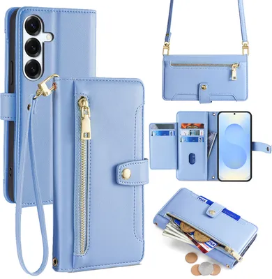 Produktbild von Handykette Samsung Hülle mit Band Handyhülle Kartenfächer Kunstleder Umhängetasche Galaxy S25+ in Hellblau