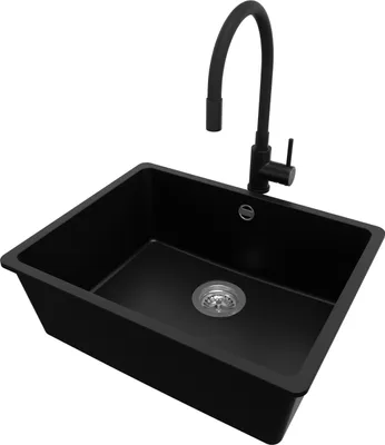 Produktbild von PRIMAGRAN Unterbauspüle Granit Schwarz 56x44cm, Spülbecken 1 Becken + Küchenarmatur 40x38cm + Ablauf-Set, Granitspüle ab 60er Unterschrank - Venedig Easy
